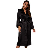 Home black long sleeved pajama, thin and sexy women's lace up morning gown, simple cardigan pajama, ice silk bathrobe