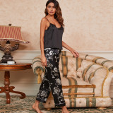 Pajamas, women's imitation silk wide leg pants, casual home clothing, spring and autumn black and white printed pajamas, suspender vest, two-piece set