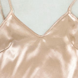 Thin champagne three piece pajama set, spring/summer suspender shorts, long pants, home clothing, casual soft pajama set