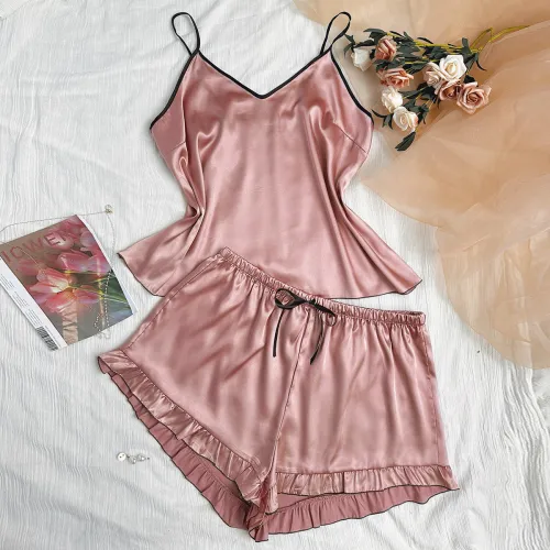 Spring and summer sexy simulation silk women's pajamas large size set V-neck suspender vest sleeveless shorts home clothing ice silk