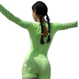 Yue Die's New European and American Style Sexy Mesh Perspective Hollow Round Neck Long sleeved Tight jumpsuit Short for Women T019