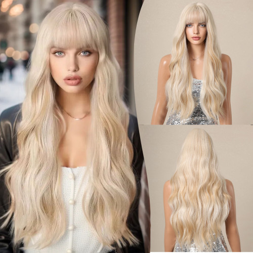 Cross border European and American bangs, white gold Barbie style with large waves, long curly hair, fluffy shaved face wig, full set wig