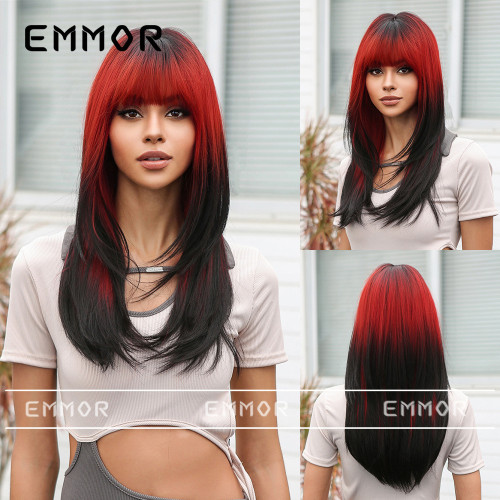 COS wig cross-border women's bangs black gradient red long hair micro curly natural layered synthetic fiber headband