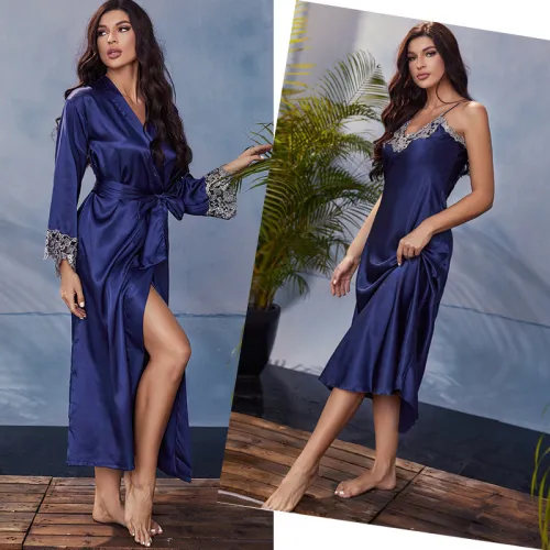 Women's Spring and Autumn Mid length Hanging Skirt Coat Two Piece Casual Home Fury Women's Imitation Silk Lacing Sexy Set