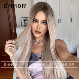 Wig women's center piece without bangs, gradient highlights, brown long straight hair, fluffy and natural, European and American full head set hair wig