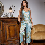 Cherry print pajama set, spring and summer suspender pants, two-piece set, summer thin ice silk home clothing for women