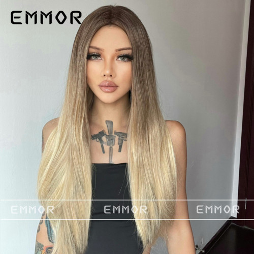 New internet celebrity style split brown gradient gold long straight hair high temperature silk European and American wig women's headwear