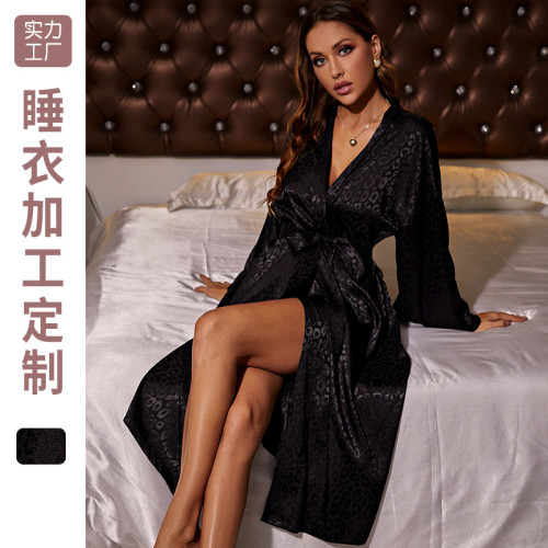 Home black long sleeved pajama, thin and sexy women's lace up morning gown, simple cardigan pajama, ice silk bathrobe