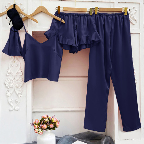 Thin champagne three piece pajama set, spring/summer suspender shorts, long pants, home clothing, casual soft pajama set