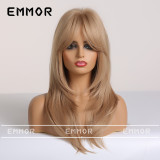 Emmor European and American women's wig with eight line bangs, gradient gold, medium length hair, curly tail wig, multiple colors to choose from