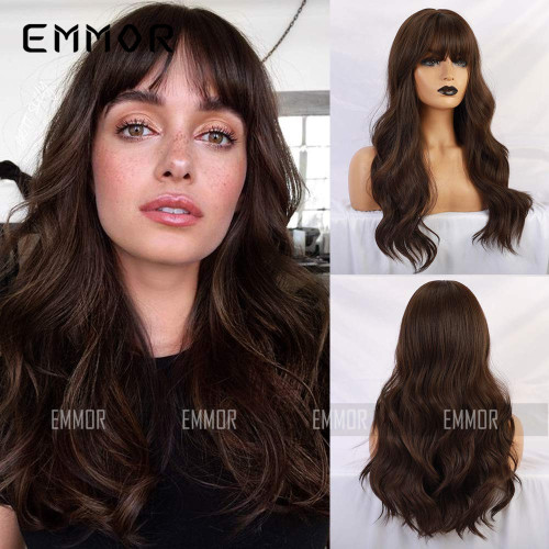 Cross border hot selling wig in Europe and America, black brown straight bangs, long curly hair, natural full head set, synthetic fiber wig, women's full head