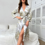 Ice Silk Pajamas Women's Hotel Bathroom Lace up Bathrobe Summer Breathable Thin Fashion Cherry Print Long sleeved Pajamas