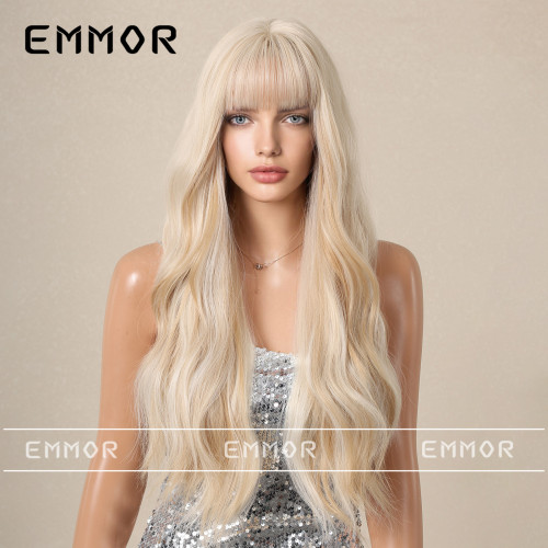Cross border European and American bangs, white gold Barbie style with large waves, long curly hair, fluffy shaved face wig, full set wig