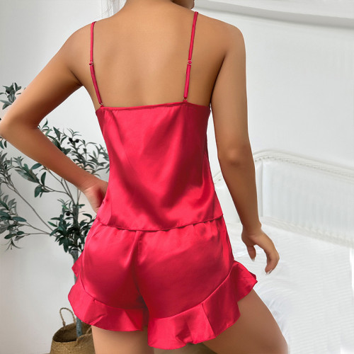 Danilin Cross border Ice Silk Pajamas Women's Sling Shorts Nightgown Three piece Set for Summer Comfortable Outwear Home Furnishings