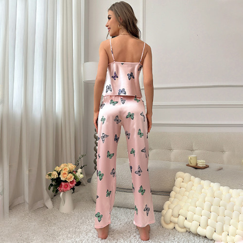 Cross border foreign trade pajamas, women's new camisole dress and pants set, fashionable simulation silk printed home clothing