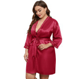 New Plus Size Lace Nightgown Home Casual Imitation Silk Cardigan Bathrobe Fashion Mid length Sexy Home Fury