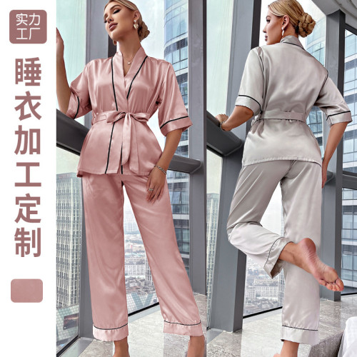 New cardigan short sleeved long pants home clothing women's thin waistband pajamas fashion simulation silk two-piece pajamas