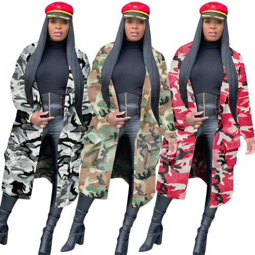 S3882 autumn/winter Amazon cross-border European and American women's camouflage printed mid length trench coat