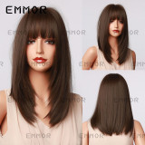 Cross border foreign trade European and American wigs with straight bangs, black brown, shoulder length, straight hair, tail curls, and high-temperature silk Wigs for facial shape modification