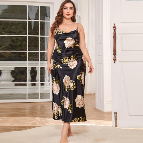 Summer New Fat Plus Size Ice Silk Pajamas Fashion Casual Pajamas Imitation Silk Sexy Printed Hanging Pajama Skirt