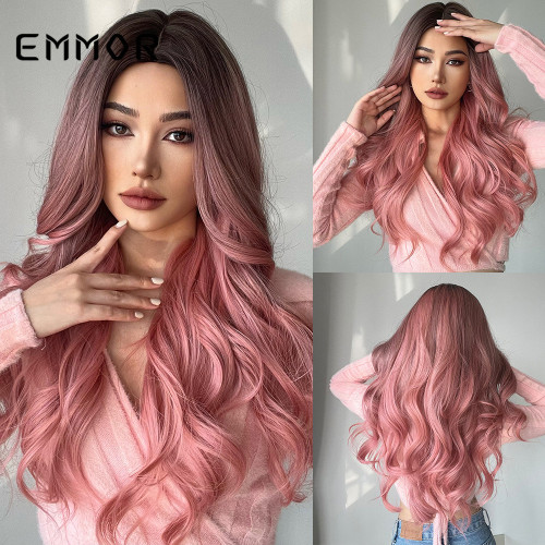 EMMOR internet celebrity cross-border hot selling gradient pink split long curly hair temperament European and American chemical fiber wig headband for women