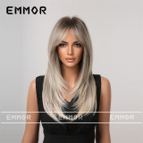 Emmor European and American women's wig with eight line bangs, gradient gold, medium length hair, curly tail wig, multiple colors to choose from