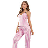 Wholesale of new ice silk home clothing for women, thin and breathable camisole, tank top, long pants set, small and fresh striped pajamas for women