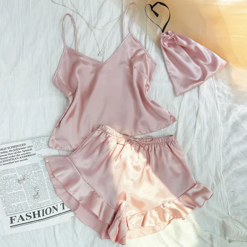 Fashionable ice and snow silk pajamas, women's summer sexy suspender, small vest, shorts, three piece set of thin women's home clothing, pajamas