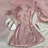 Women's mid size suspender sleepwear, fashionable and sexy thin ice silk home clothing, summer simulation silk face dress