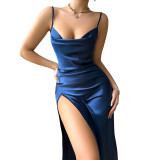 Danilin sexy high slit seductive ice silk long sleepwear minimalist women's home wear backless suspender nightgown for women