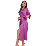 Denilyn Summer Sexy Imitation Silk Nightgown Women's Long sleeved Lace up Bathrobe Morning Robe Fashion Casual Home Fury