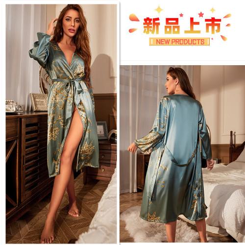 Home printed long sleeved pajamas, thin and sexy women's lace up morning gowns, simple cardigan pajamas, ice silk bathrobes