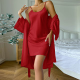New Ice Silk Nightgown Sexy Can be Outworn Home Fury Women's Simulation Silk Cardigan Lace up Hanging Dress Outer Robe Set
