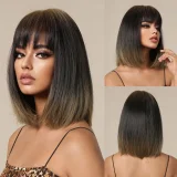 Wig women's new internet famous collarbone short hair straight hair gradient golden simulated scalp natural medium length hair full set