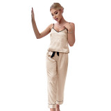 New sleeveless pajamas and pants set, spring and summer home backless suspender pajamas, ice silk lightweight and loose two-piece set