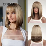 Wig women's new internet famous collarbone short hair straight hair gradient golden simulated scalp natural medium length hair full set