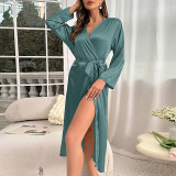 Denilyn Summer Sexy Imitation Silk Nightgown Women's Long sleeved Lace up Bathrobe Morning Robe Fashion Casual Home Fury