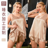 Cross border new oversized pajamas, backless suspender skirts, shorts, two-piece summer thin silk and ice silk home clothing set