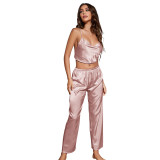 Cross border supply of women's home clothing set, sexy belly pocket long pants two-piece set, comfortable thin ice silk pajamas for women's summer
