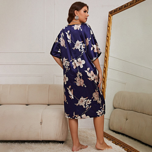 Cross border oversized pajamas, women's mid length printed pullover dress, new summer home wear, silk and ice silk pajamas