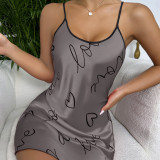 Cross border European and American ice silk pajamas, sexy backless camisole dresses, home clothing, thin breathable pajamas, women's printed short skirts