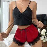 Summer thin sleeveless backless pajamas with ice lace lace up edges, shorts with suspender set, home clothing two-piece set