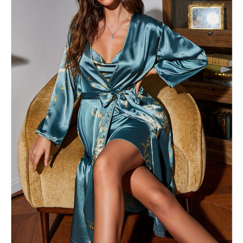 Summer sexy women's imitation silk pajamas with long sleeves and lace up bathrobes, morning gowns, fashionable thin home clothing