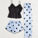 Thin home clothing, women's ice silk suspender shorts, long pants, pajama set, summer loose polka dot pajama three piece set