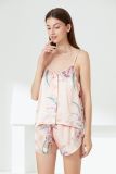 Cross border direct supply silk pajama set with suspender, floral pajama shorts, two-piece set for casual home wear for women