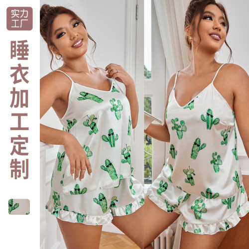 Danilin oversized backless suspender pajamas for women, simple cactus suspender shorts set, casual loose fitting home clothing