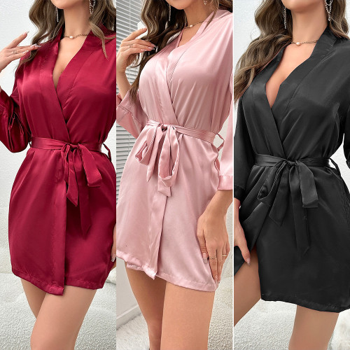 Cross border pajamas, women's summer European and American styles, women's lace up bathrobes, sexy morning gowns, home clothing, can be worn externally with ice silk pajamas