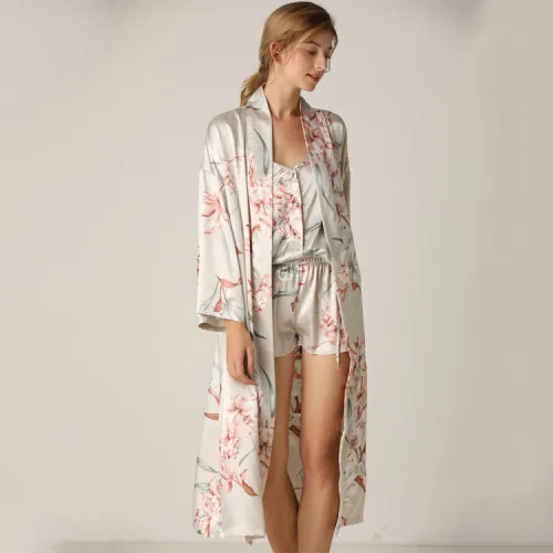 Cross border pajamas, women's imitation silk suspender shorts, printed medium length lace up pajamas, sexy pajamas, home clothing