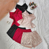 Danilin oversized pajamas with suspender shorts set, fashionable ice silk home clothing, women's minimalist simulation silk pajamas