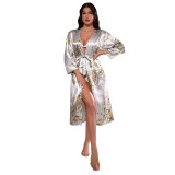 Summer sexy women's imitation silk pajamas with long sleeves and lace up bathrobes, morning gowns, fashionable thin home clothing